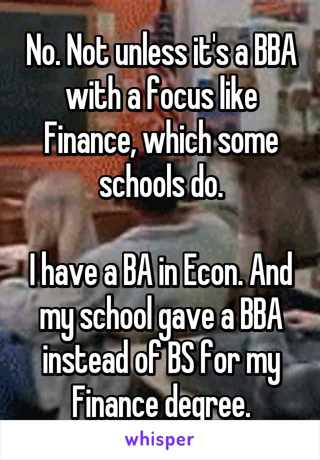 No. Not unless it's a BBA with a focus like Finance, which some schools do.

I have a BA in Econ. And my school gave a BBA instead of BS for my Finance degree.