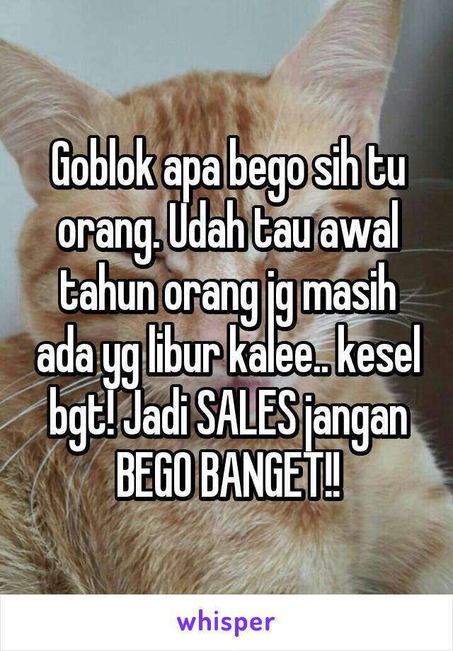 Goblok apa bego sih tu orang. Udah tau awal tahun orang jg masih ada yg libur kalee.. kesel bgt! Jadi SALES jangan BEGO BANGET!!