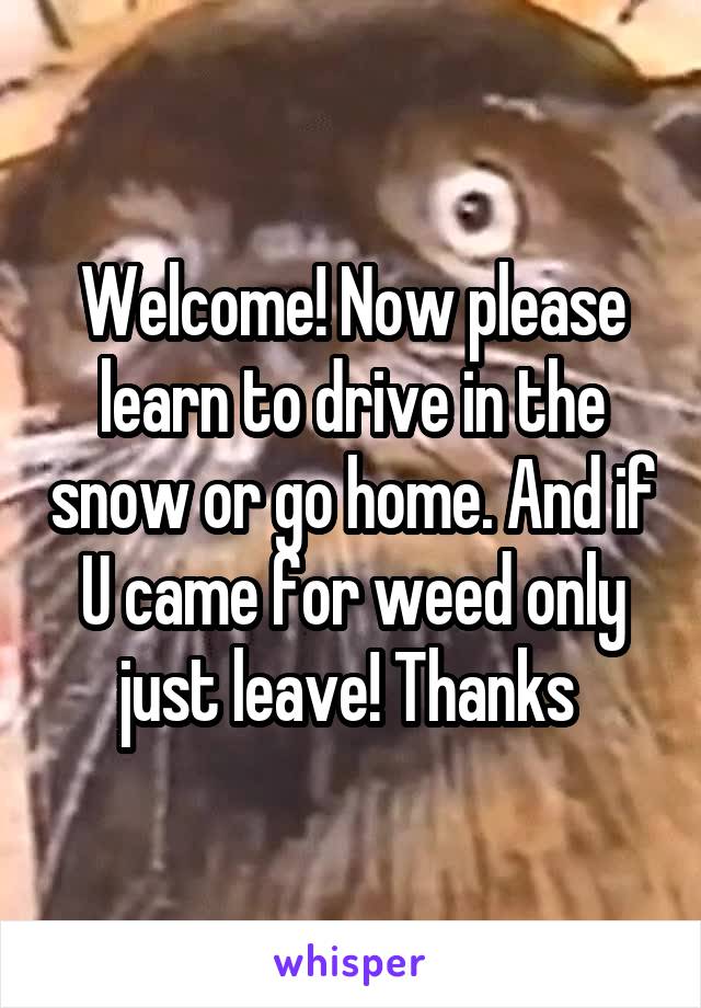 Welcome! Now please learn to drive in the snow or go home. And if U came for weed only just leave! Thanks 