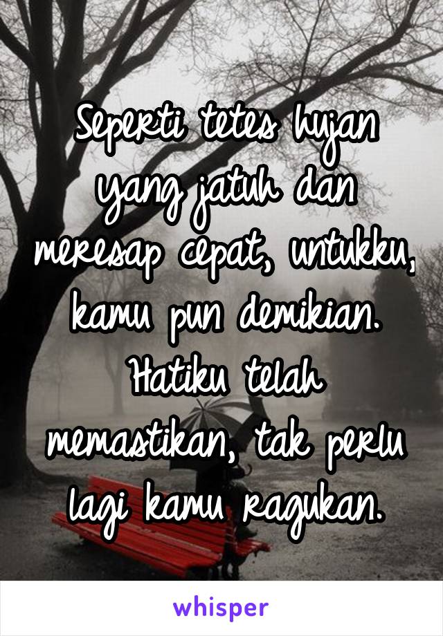 Seperti tetes hujan yang jatuh dan meresap cepat, untukku, kamu pun demikian. Hatiku telah memastikan, tak perlu lagi kamu ragukan.