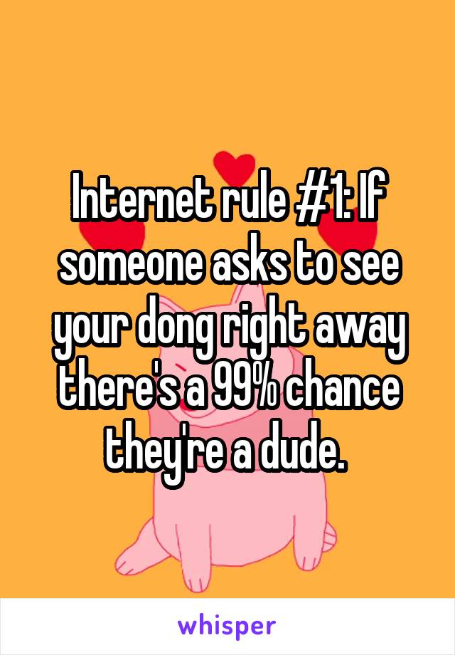 Internet rule #1: If someone asks to see your dong right away there's a 99% chance they're a dude. 