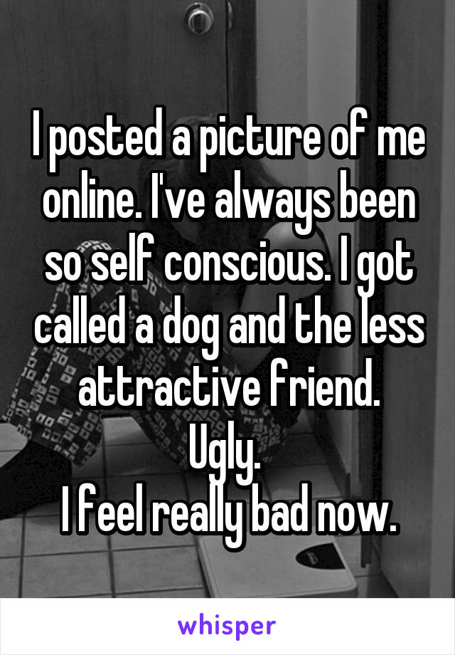 I posted a picture of me online. I've always been so self conscious. I got called a dog and the less attractive friend.
Ugly. 
I feel really bad now.