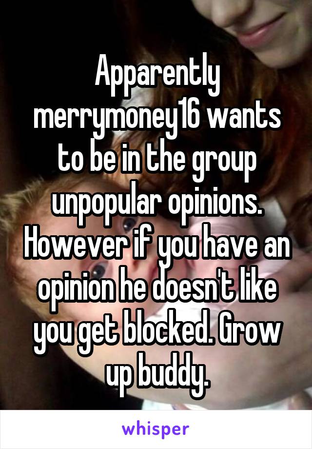 Apparently merrymoney16 wants to be in the group unpopular opinions. However if you have an opinion he doesn't like you get blocked. Grow up buddy.