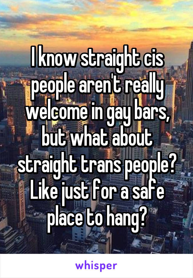 I know straight cis people aren't really welcome in gay bars, but what about straight trans people? Like just for a safe place to hang?