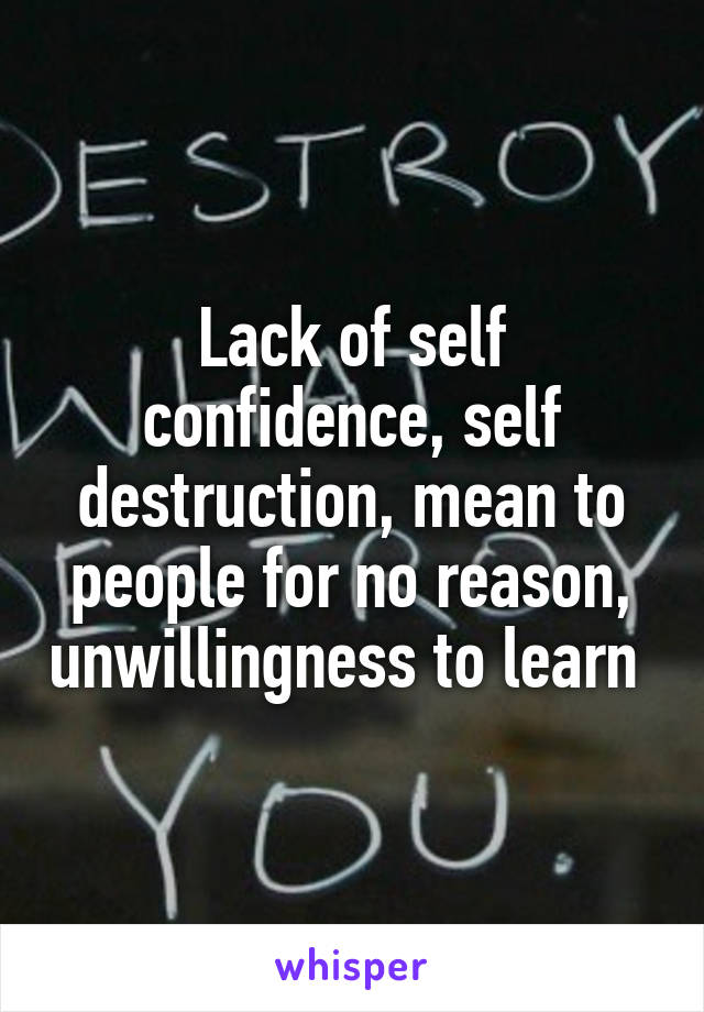 Lack of self confidence, self destruction, mean to people for no reason, unwillingness to learn 