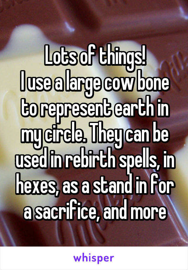 Lots of things!
I use a large cow bone to represent earth in my circle. They can be used in rebirth spells, in hexes, as a stand in for a sacrifice, and more