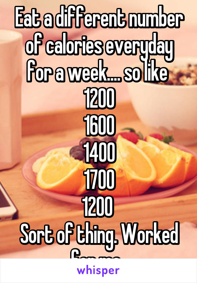 Eat a different number of calories everyday for a week.... so like 
1200
1600
1400
1700
1200 
Sort of thing. Worked for me. 
