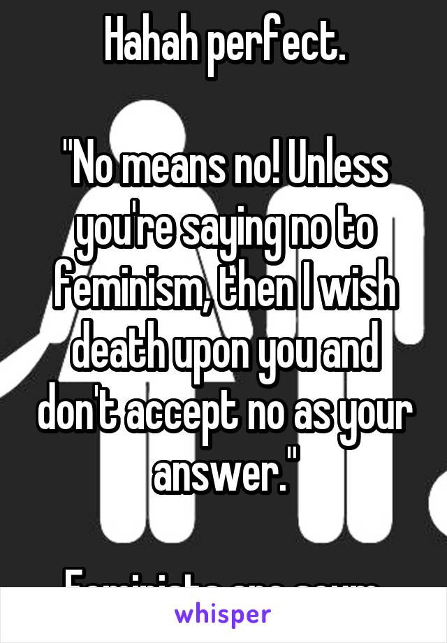 Hahah perfect.

"No means no! Unless you're saying no to feminism, then I wish death upon you and don't accept no as your answer."

Feminists are scum.