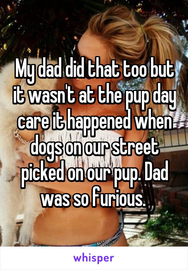My dad did that too but it wasn't at the pup day care it happened when dogs on our street picked on our pup. Dad was so furious. 
