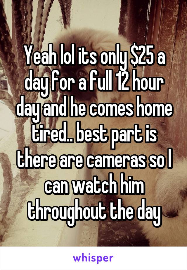 Yeah lol its only $25 a day for a full 12 hour day and he comes home tired.. best part is there are cameras so I can watch him throughout the day
