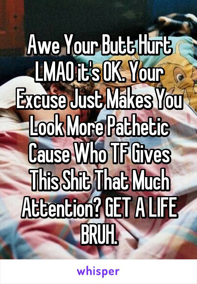 Awe Your Butt Hurt LMAO it's OK. Your Excuse Just Makes You Look More Pathetic Cause Who TF Gives This Shit That Much Attention? GET A LIFE BRUH.