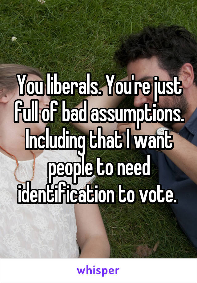 You liberals. You're just full of bad assumptions.
Including that I want people to need identification to vote. 