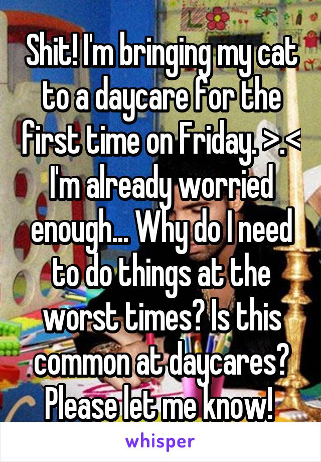 Shit! I'm bringing my cat to a daycare for the first time on Friday. >.< I'm already worried enough... Why do I need to do things at the worst times? Is this common at daycares? Please let me know! 