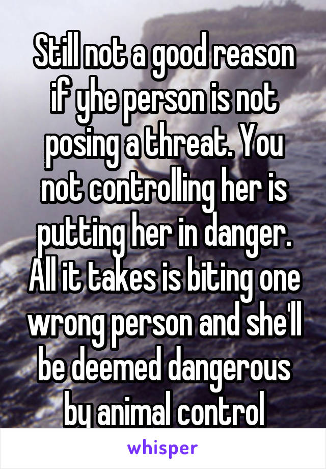 Still not a good reason if yhe person is not posing a threat. You not controlling her is putting her in danger. All it takes is biting one wrong person and she'll be deemed dangerous by animal control