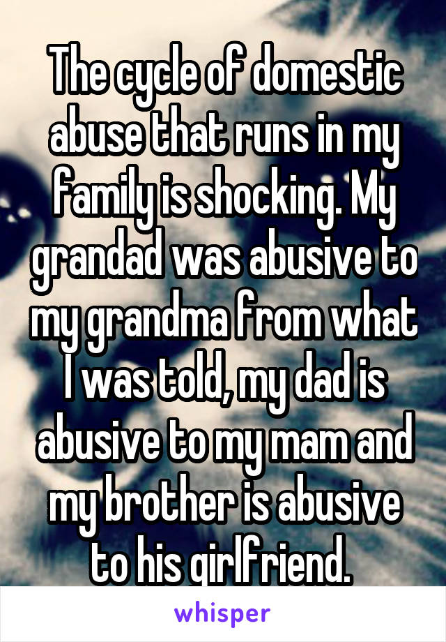 The cycle of domestic abuse that runs in my family is shocking. My grandad was abusive to my grandma from what I was told, my dad is abusive to my mam and my brother is abusive to his girlfriend. 