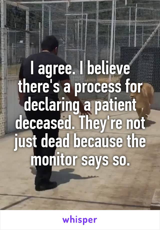 I agree. I believe there's a process for declaring a patient deceased. They're not just dead because the monitor says so.