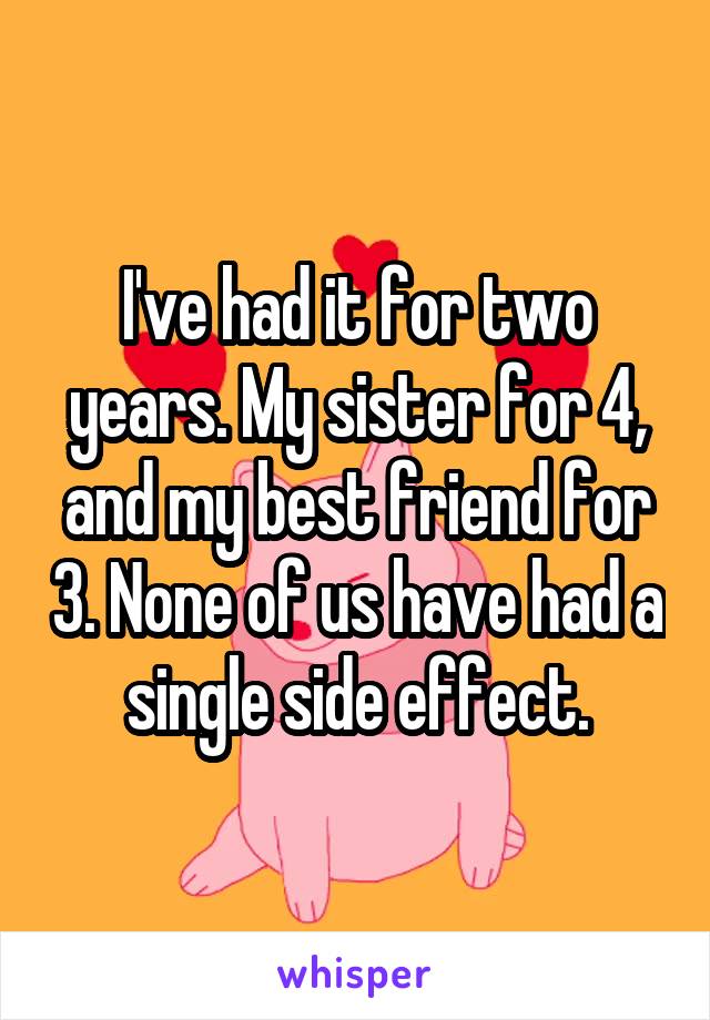 I've had it for two years. My sister for 4, and my best friend for 3. None of us have had a single side effect.