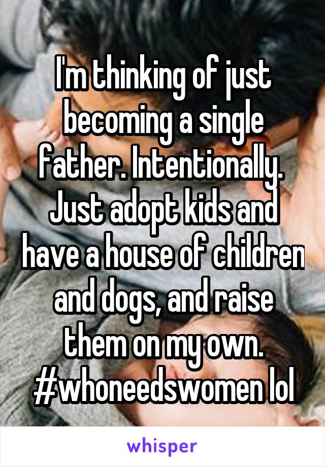 I'm thinking of just becoming a single father. Intentionally. 
Just adopt kids and have a house of children and dogs, and raise them on my own. #whoneedswomen lol