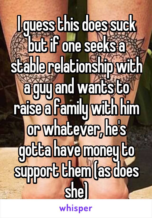 I guess this does suck but if one seeks a stable relationship with a guy and wants to raise a family with him or whatever, he's gotta have money to support them (as does she)