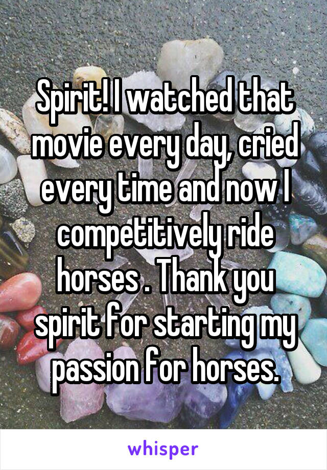 Spirit! I watched that movie every day, cried every time and now I competitively ride horses . Thank you spirit for starting my passion for horses.