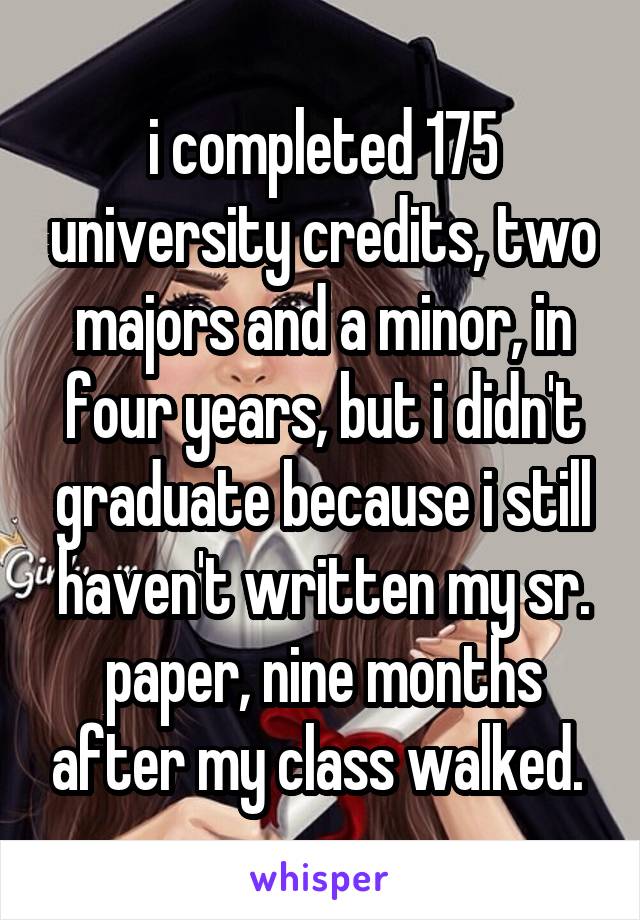 i completed 175 university credits, two majors and a minor, in four years, but i didn't graduate because i still haven't written my sr. paper, nine months after my class walked. 