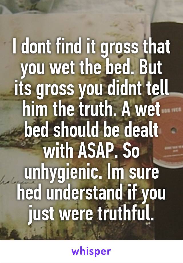 I dont find it gross that you wet the bed. But its gross you didnt tell him the truth. A wet bed should be dealt with ASAP. So unhygienic. Im sure hed understand if you just were truthful.