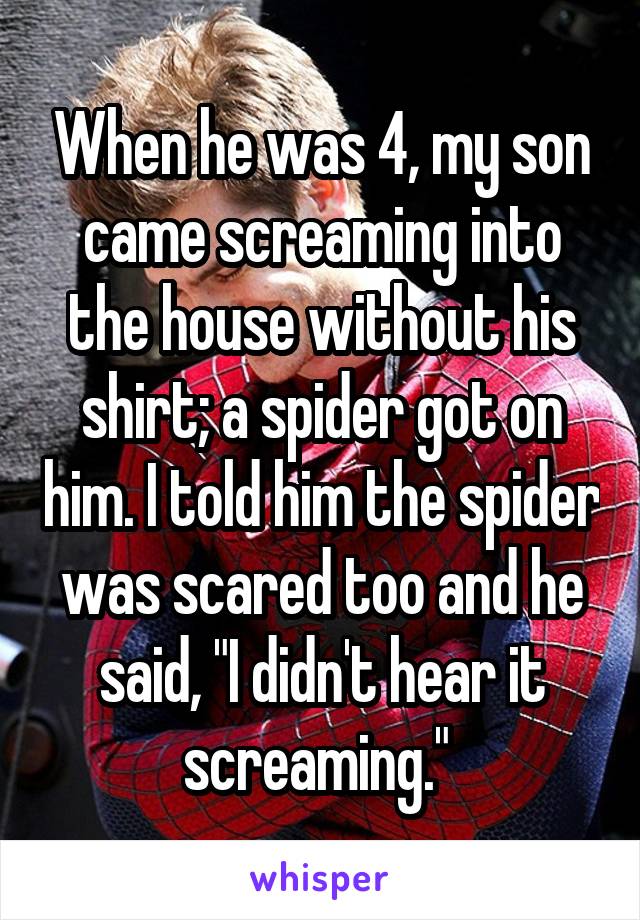 When he was 4, my son came screaming into the house without his shirt; a spider got on him. I told him the spider was scared too and he said, "I didn't hear it screaming." 