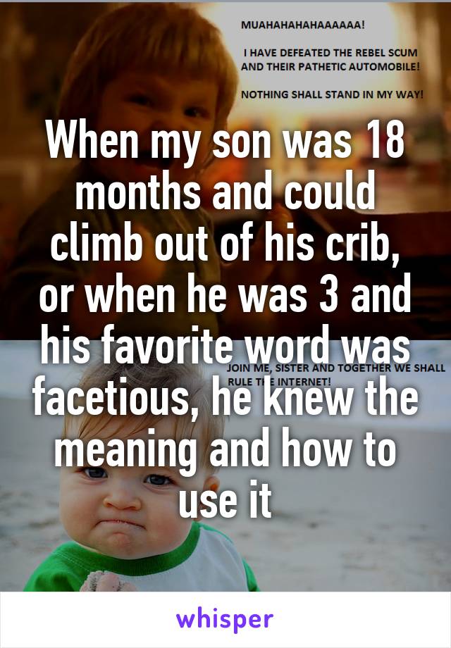 When my son was 18 months and could climb out of his crib, or when he was 3 and his favorite word was facetious, he knew the meaning and how to use it