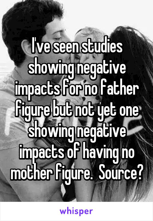 I've seen studies showing negative impacts for no father figure but not yet one showing negative impacts of having no mother figure.  Source?