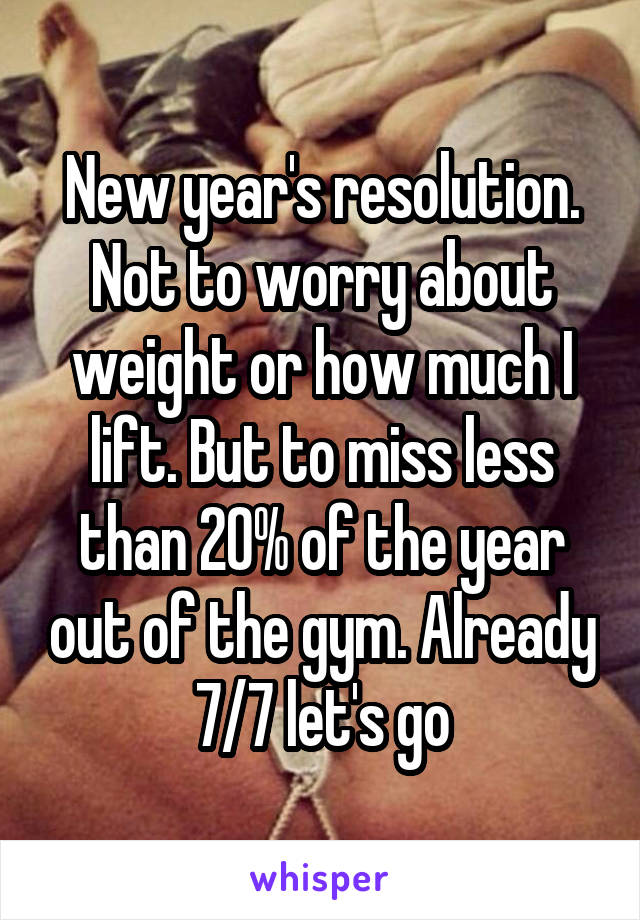 New year's resolution. Not to worry about weight or how much I lift. But to miss less than 20% of the year out of the gym. Already 7/7 let's go