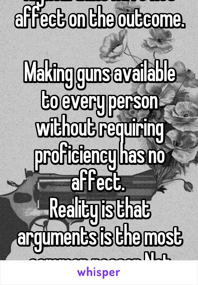 Right... Guns have not affect on the outcome. 
Making guns available to every person without requiring proficiency has no affect. 
Reality is that arguments is the most common reason.Not what you list