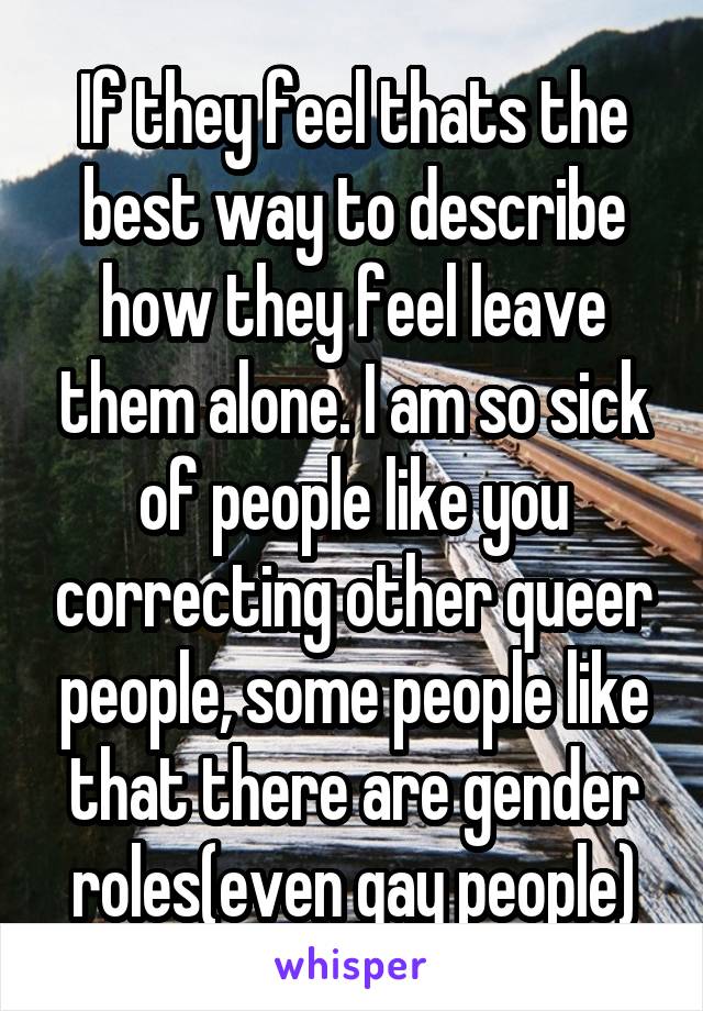 If they feel thats the best way to describe how they feel leave them alone. I am so sick of people like you correcting other queer people, some people like that there are gender roles(even gay people)