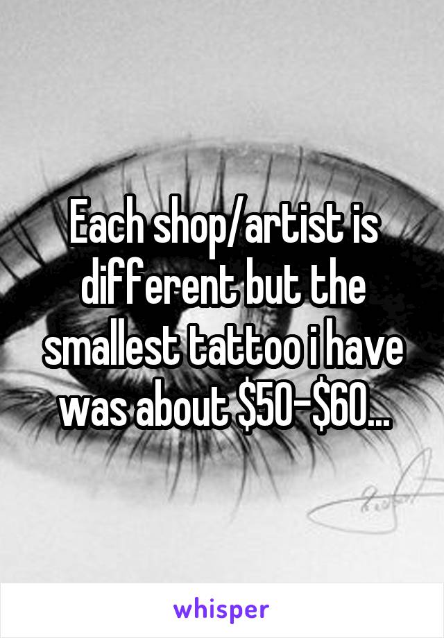 Each shop/artist is different but the smallest tattoo i have was about $50-$60...