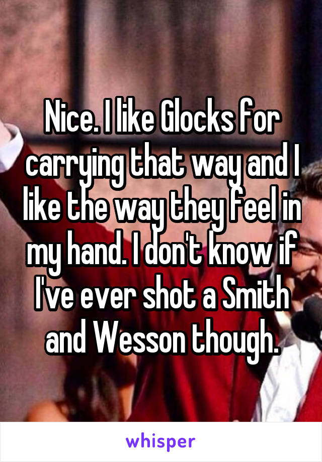 Nice. I like Glocks for carrying that way and I like the way they feel in my hand. I don't know if I've ever shot a Smith and Wesson though.