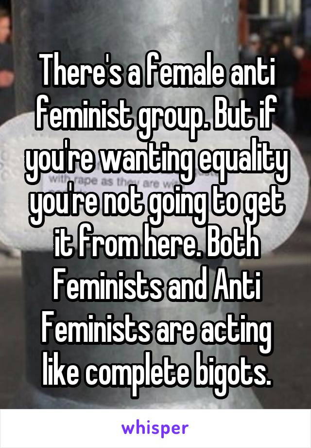 There's a female anti feminist group. But if you're wanting equality you're not going to get it from here. Both Feminists and Anti Feminists are acting like complete bigots.