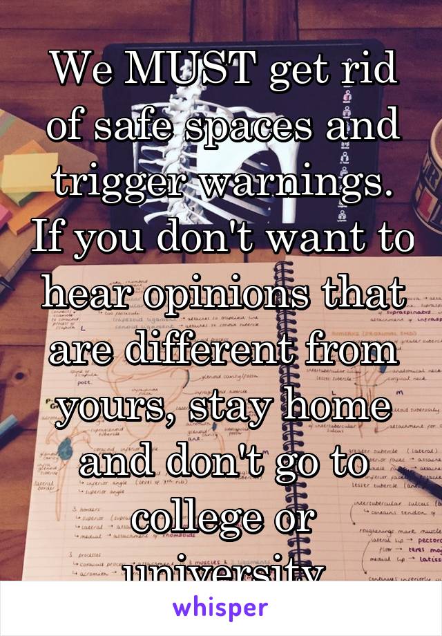 We MUST get rid of safe spaces and trigger warnings. If you don't want to hear opinions that are different from yours, stay home and don't go to college or university