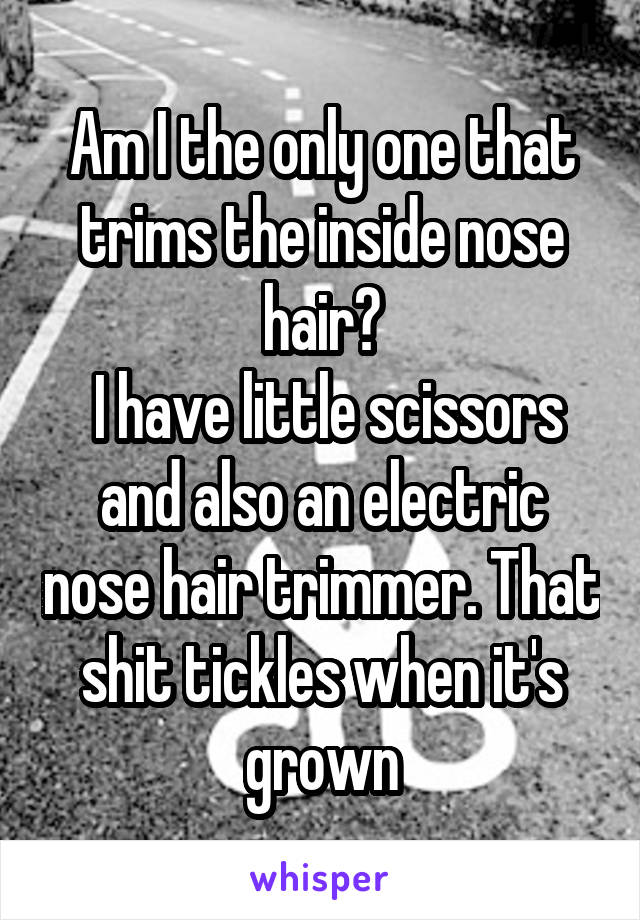 Am I the only one that trims the inside nose hair?
 I have little scissors and also an electric nose hair trimmer. That shit tickles when it's grown