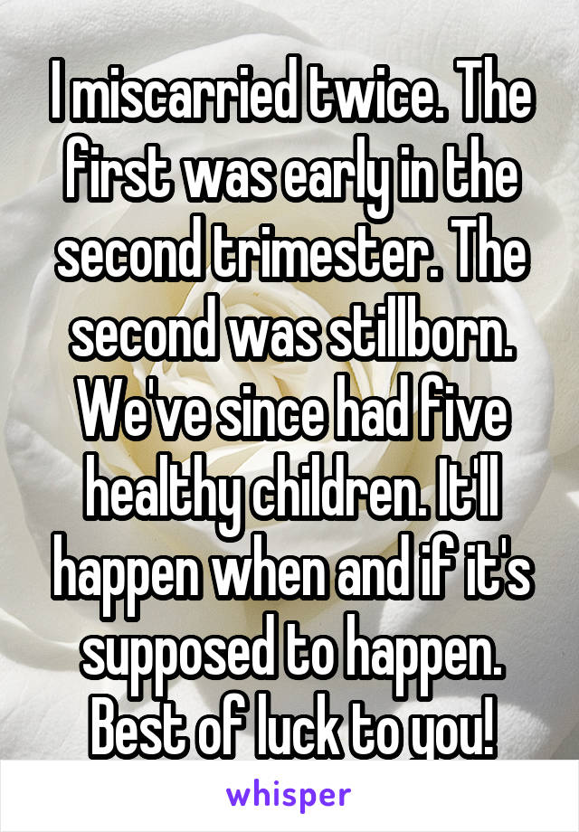 I miscarried twice. The first was early in the second trimester. The second was stillborn. We've since had five healthy children. It'll happen when and if it's supposed to happen. Best of luck to you!