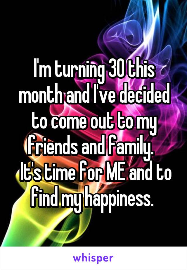 I'm turning 30 this month and I've decided to come out to my friends and family.  
 It's time for ME and to find my happiness. 