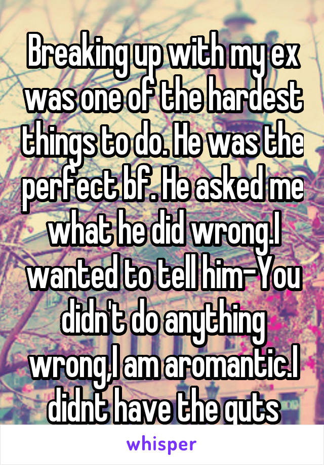 Breaking up with my ex was one of the hardest things to do. He was the perfect bf. He asked me what he did wrong.I wanted to tell him-You didn't do anything wrong,I am aromantic.I didnt have the guts
