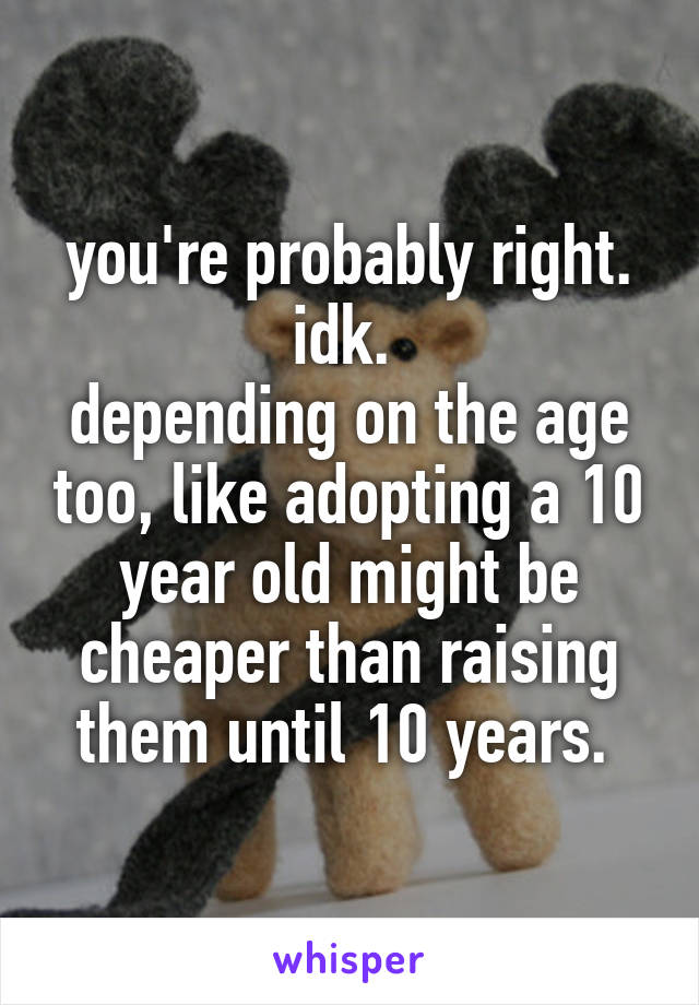 you're probably right. idk. 
depending on the age too, like adopting a 10 year old might be cheaper than raising them until 10 years. 