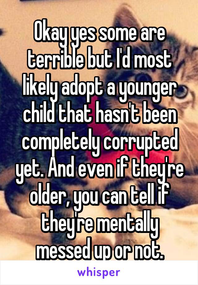 Okay yes some are terrible but I'd most likely adopt a younger child that hasn't been completely corrupted yet. And even if they're older, you can tell if they're mentally messed up or not.