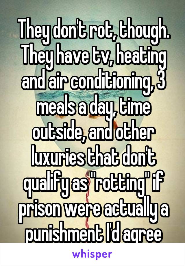 They don't rot, though. They have tv, heating and air conditioning, 3 meals a day, time outside, and other luxuries that don't qualify as "rotting" if prison were actually a punishment I'd agree