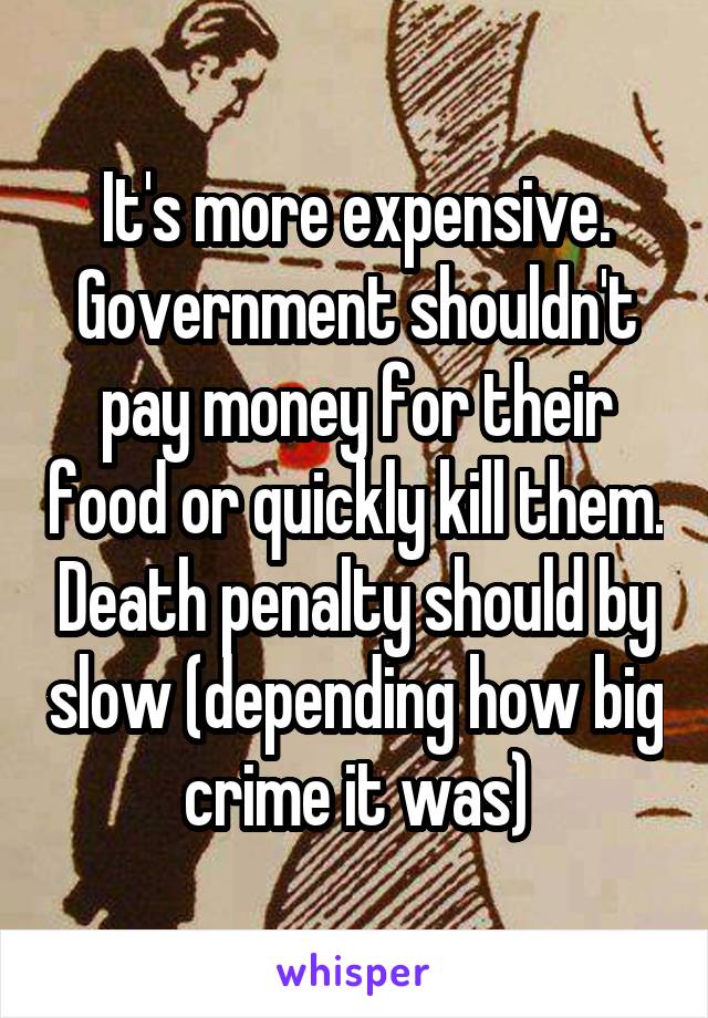 It's more expensive. Government shouldn't pay money for their food or quickly kill them. Death penalty should by slow (depending how big crime it was)