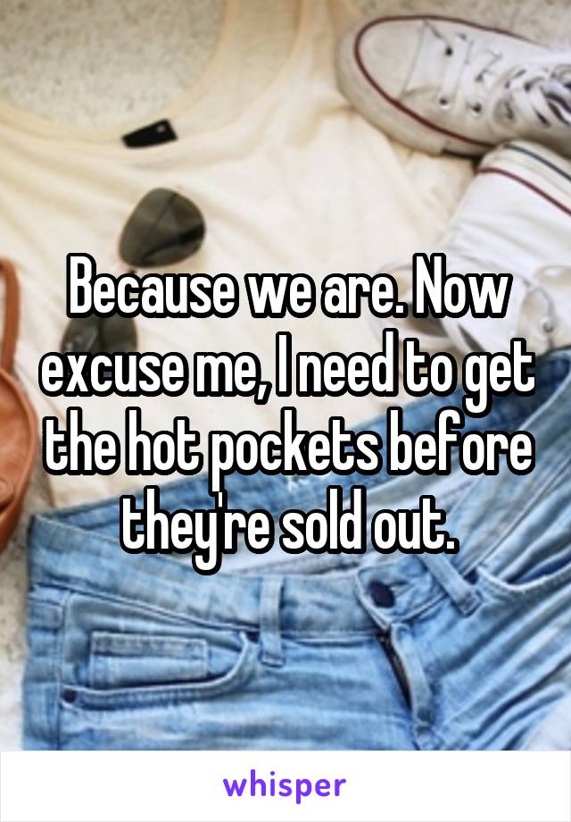 Because we are. Now excuse me, I need to get the hot pockets before they're sold out.