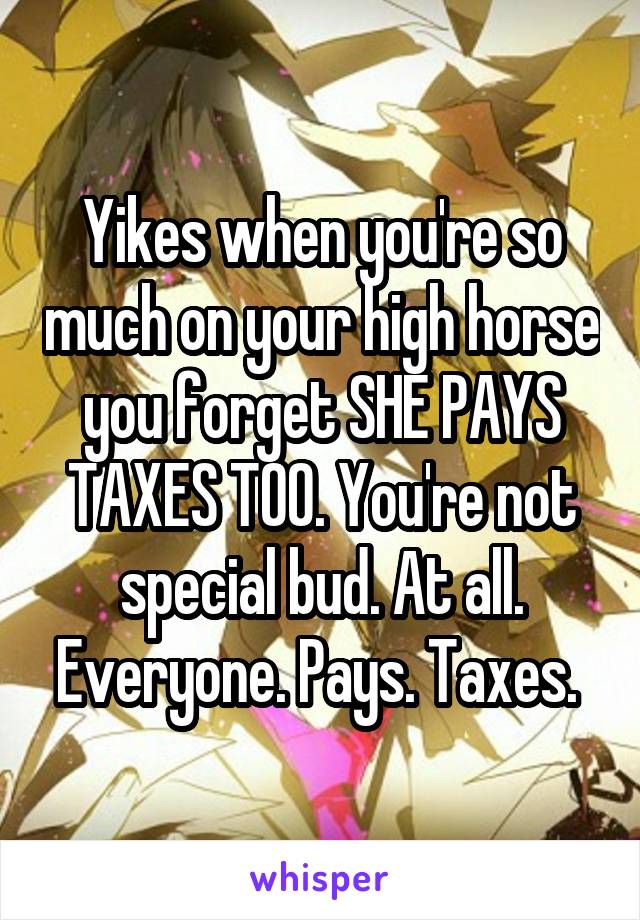 Yikes when you're so much on your high horse you forget SHE PAYS TAXES TOO. You're not special bud. At all. Everyone. Pays. Taxes. 