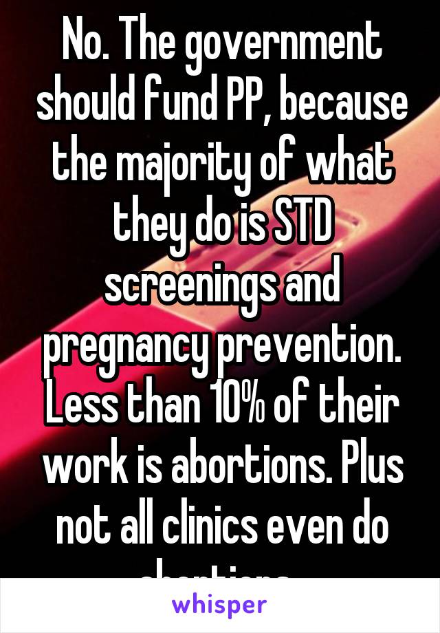 No. The government should fund PP, because the majority of what they do is STD screenings and pregnancy prevention. Less than 10% of their work is abortions. Plus not all clinics even do abortions. 
