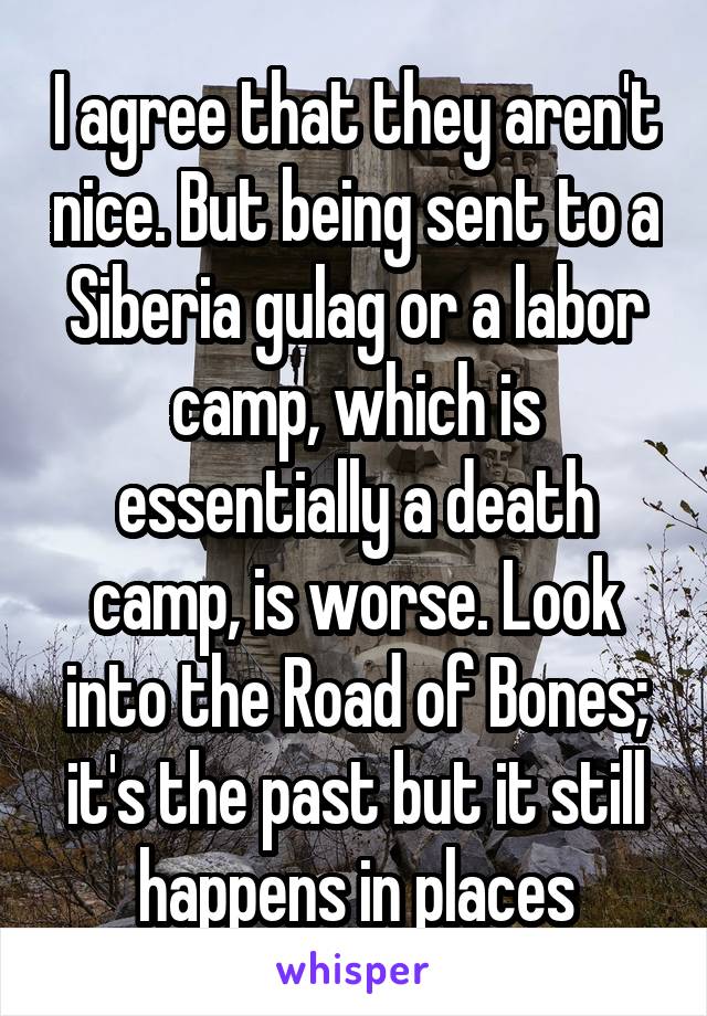 I agree that they aren't nice. But being sent to a Siberia gulag or a labor camp, which is essentially a death camp, is worse. Look into the Road of Bones; it's the past but it still happens in places