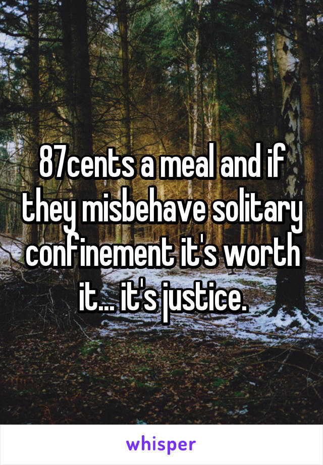 87cents a meal and if they misbehave solitary confinement it's worth it... it's justice.