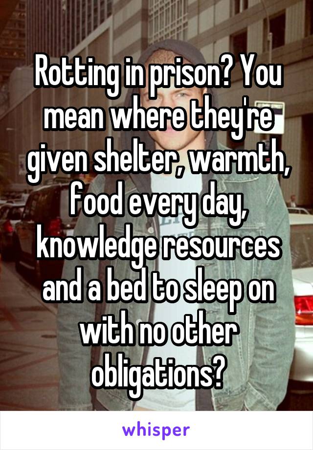 Rotting in prison? You mean where they're given shelter, warmth, food every day, knowledge resources and a bed to sleep on with no other obligations?